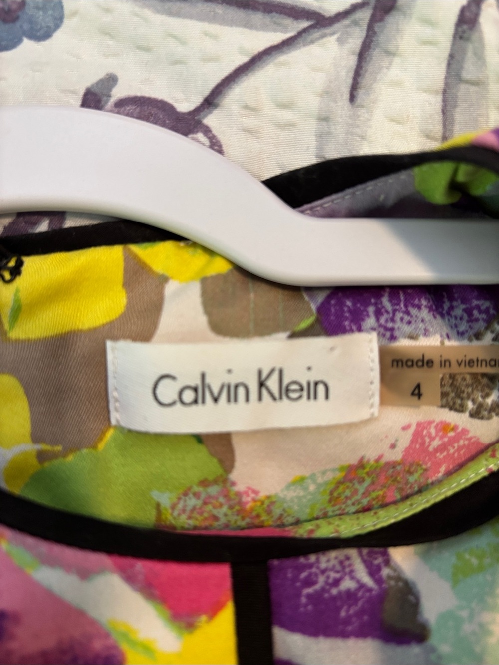Calvin Klein Floral Dress in Pink, Yellow & Green with Black Trim - Picture 3 of 3